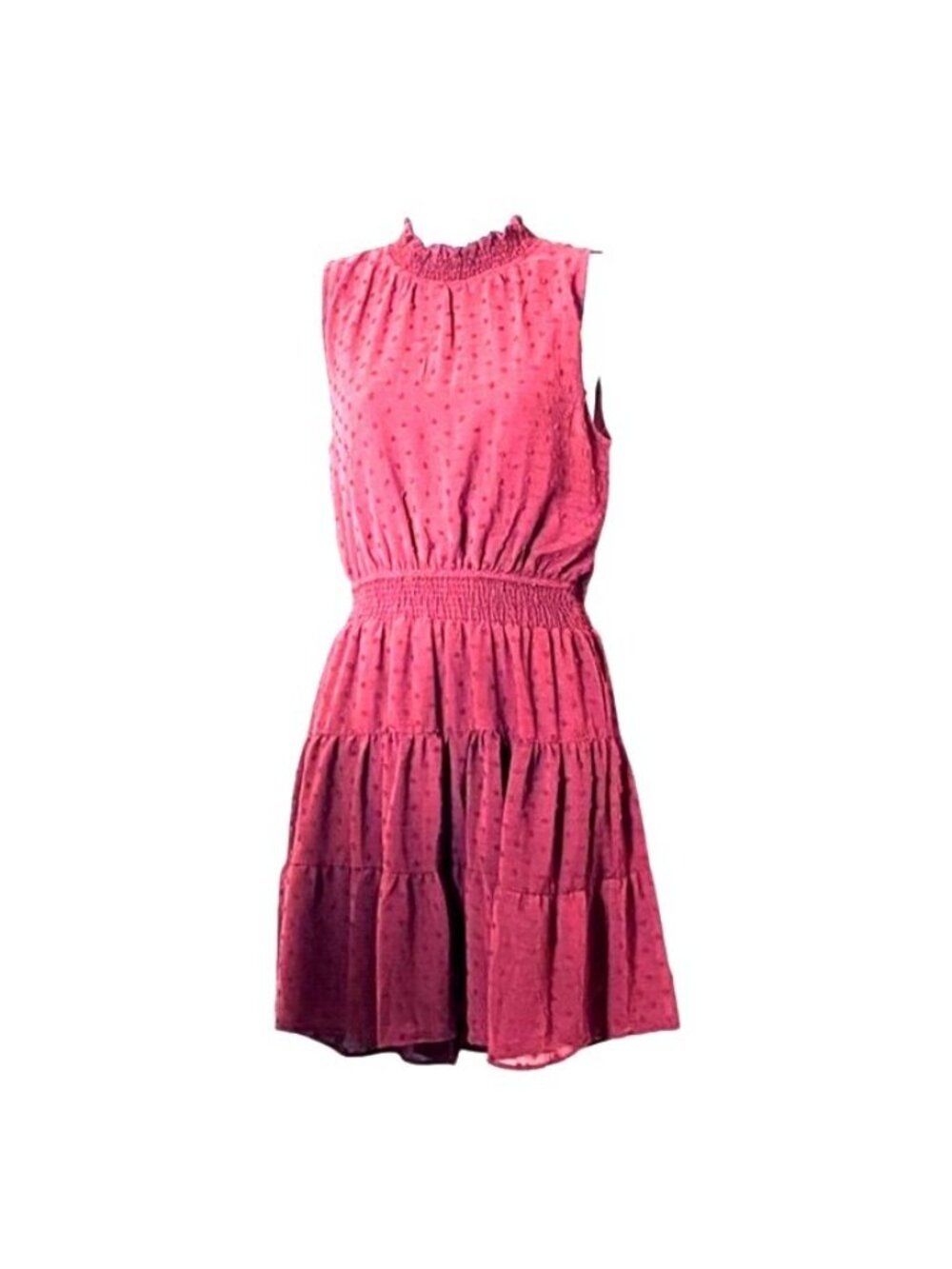 Sweet Wanderer Swiss Dot Sleeveless Mini Dress In Maroon Smocked Waist Ruffled N